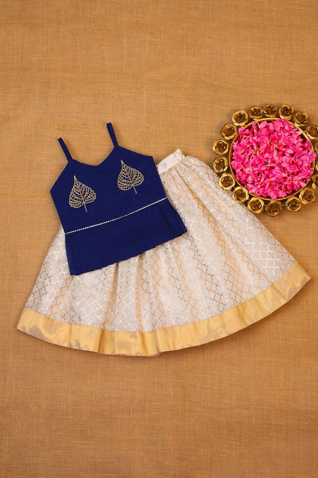 Ivory Chanderi Cotton Zari Skirt Set For Girls by Li & Li Boutique at Pernia's Pop Up Shop