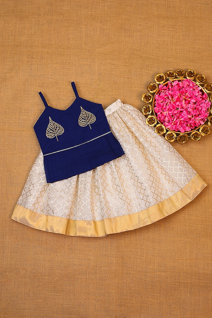 Ivory Chanderi Cotton Zari Skirt Set For Girls by Li & Li Boutique at Pernia's Pop Up Shop