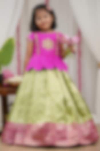 Light Parrot Green Brocade Skirt Set For Girls by Li & Li Boutique at Pernia's Pop Up Shop