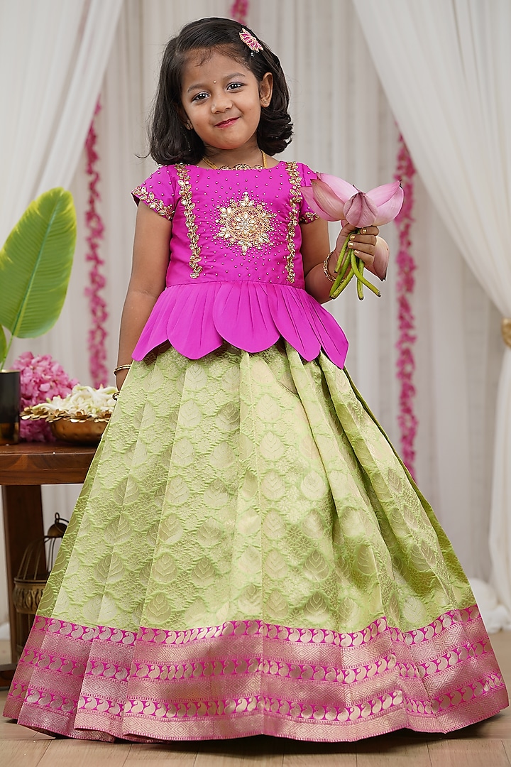 Light Parrot Green Brocade Skirt Set For Girls by Li & Li Boutique at Pernia's Pop Up Shop