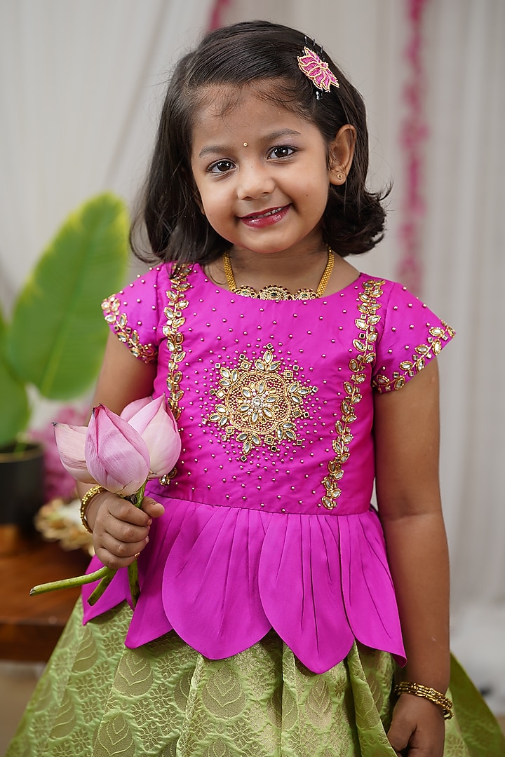 Light Parrot Green Brocade Skirt Set For Girls by Li & Li Boutique at Pernia's Pop Up Shop