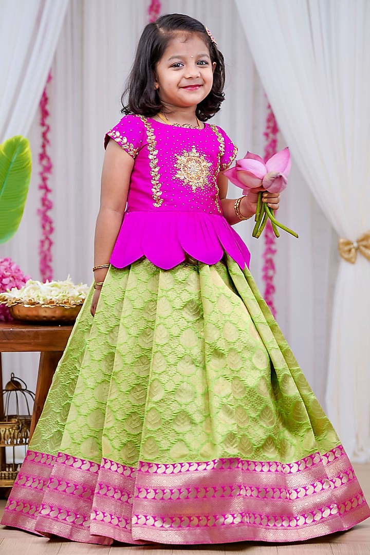 Light Parrot Green Brocade Skirt Set For Girls by Li & Li Boutique at Pernia's Pop Up Shop