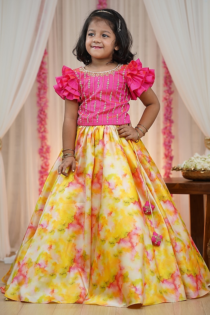 Multi-Colored Taffeta Silk Shibori Printed Umbrella Skirt Set For Girls by Li & Li Boutique at Pernia's Pop Up Shop