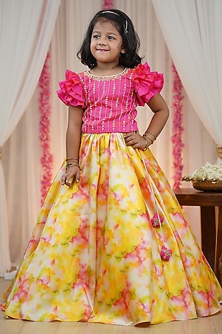 Multi-Colored Taffeta Silk Shibori Printed Umbrella Skirt Set For Girls by Li & Li Boutique