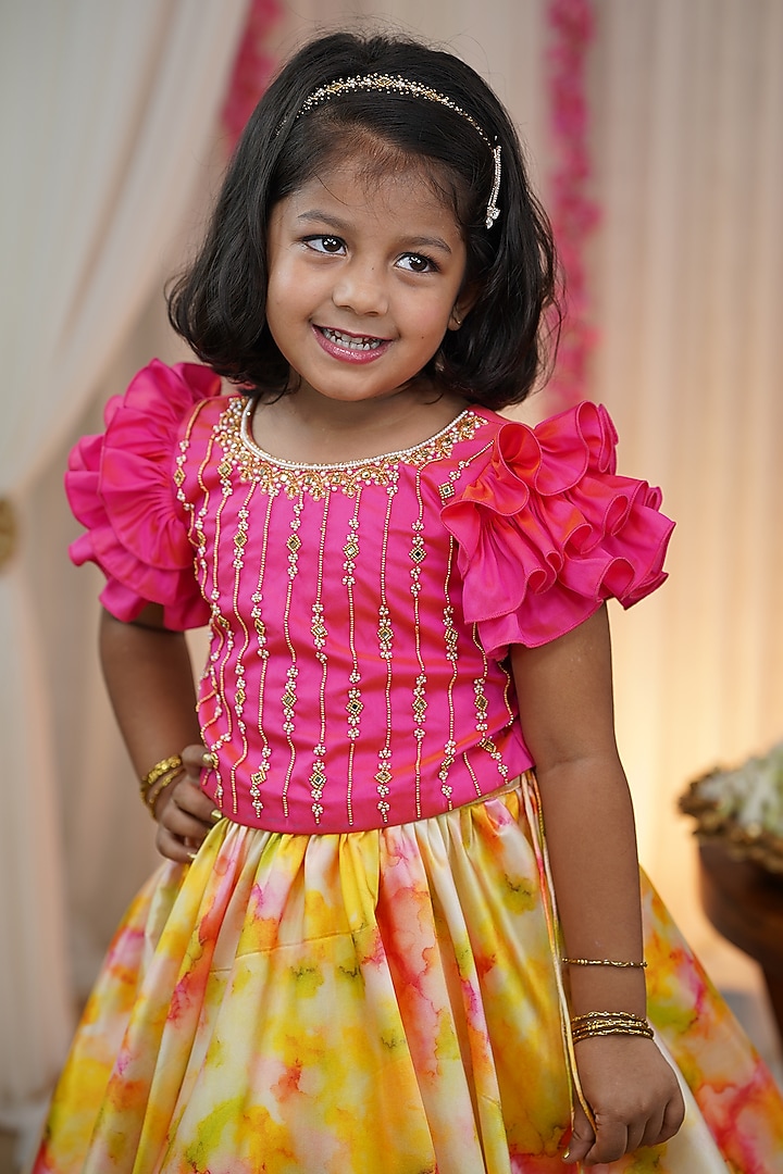 Multi-Colored Taffeta Silk Shibori Printed Umbrella Skirt Set For Girls by Li & Li Boutique at Pernia's Pop Up Shop