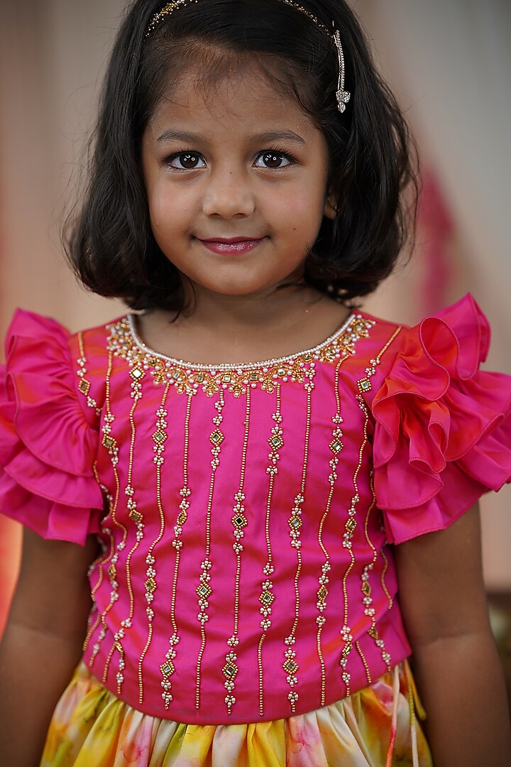 Multi-Colored Taffeta Silk Shibori Printed Umbrella Skirt Set For Girls by Li & Li Boutique at Pernia's Pop Up Shop