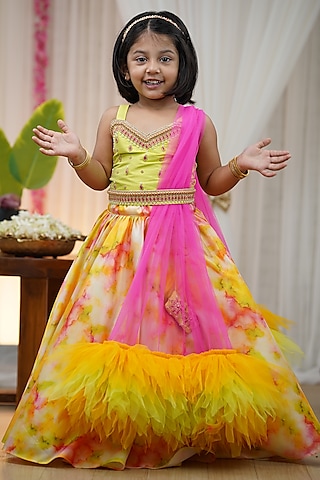 Multi-Colored Taffeta Silk Shibori Printed Umbrella Skirt Set For Girls by Li & Li Boutique