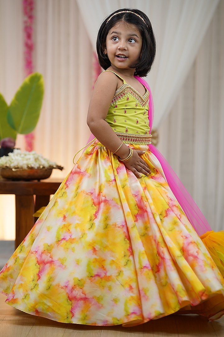 Multi-Colored Taffeta Silk Shibori Printed Umbrella Skirt Set For Girls by Li & Li Boutique at Pernia's Pop Up Shop