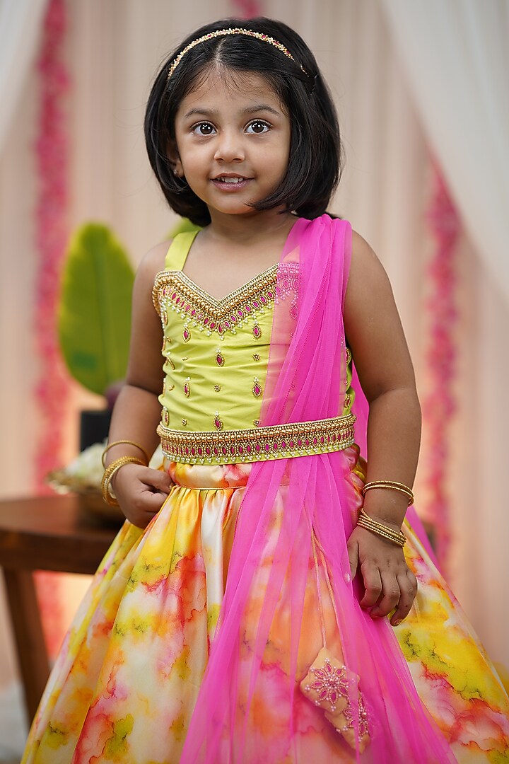 Multi-Colored Taffeta Silk Shibori Printed Umbrella Skirt Set For Girls by Li & Li Boutique at Pernia's Pop Up Shop