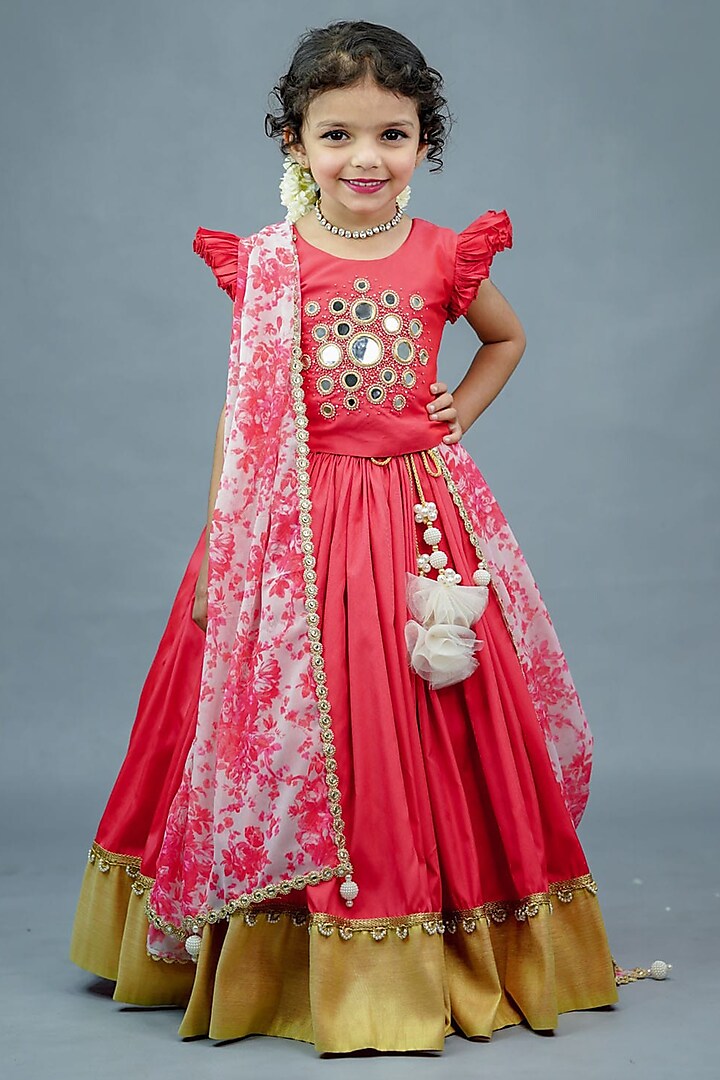 Coral Pink Taffeta Silk & Georgette Skirt Set For Girls by Li & Li Boutique at Pernia's Pop Up Shop