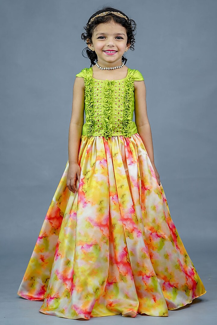 Lime Green & Candy Yellow Taffeta Silk Shibori Printed Skirt Set For Girls by Li & Li Boutique at Pernia's Pop Up Shop