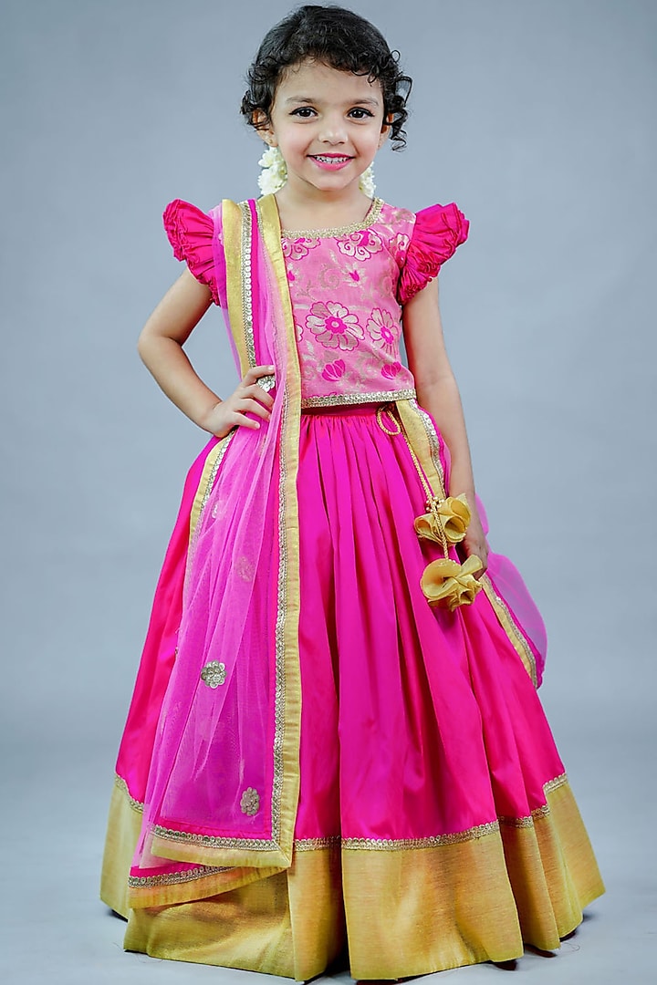 Pink Taffeta Silk Skirt Set For Girls by Li & Li Boutique at Pernia's Pop Up Shop