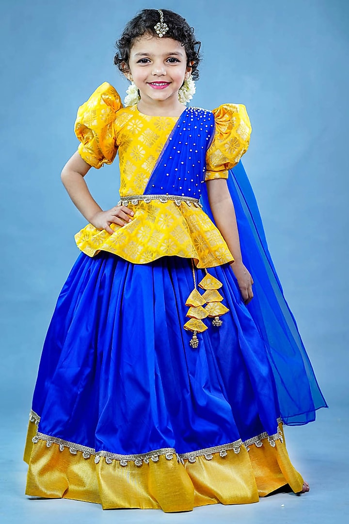 Mango Yellow & Royal Blue Taffeta Silk Skirt Set For Girls by Li & Li Boutique at Pernia's Pop Up Shop