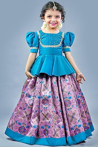 Peacock Green taffeta Silk Zari Embroidered & Printed Skirt Set For Girls by Li & Li Boutique