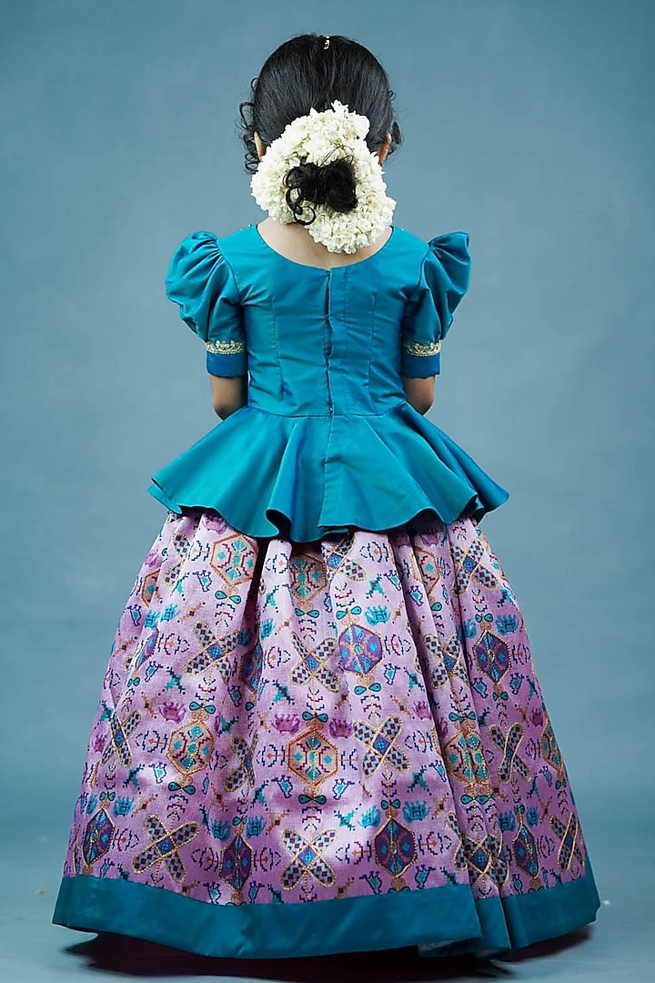 Peacock Green taffeta Silk Zari Embroidered & Printed Skirt Set For Girls by Li & Li Boutique at Pernia's Pop Up Shop