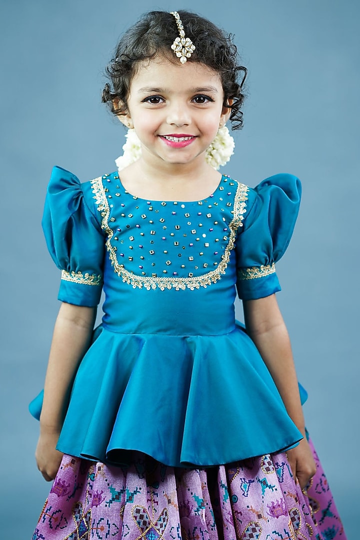 Peacock Green taffeta Silk Zari Embroidered & Printed Skirt Set For Girls by Li & Li Boutique at Pernia's Pop Up Shop
