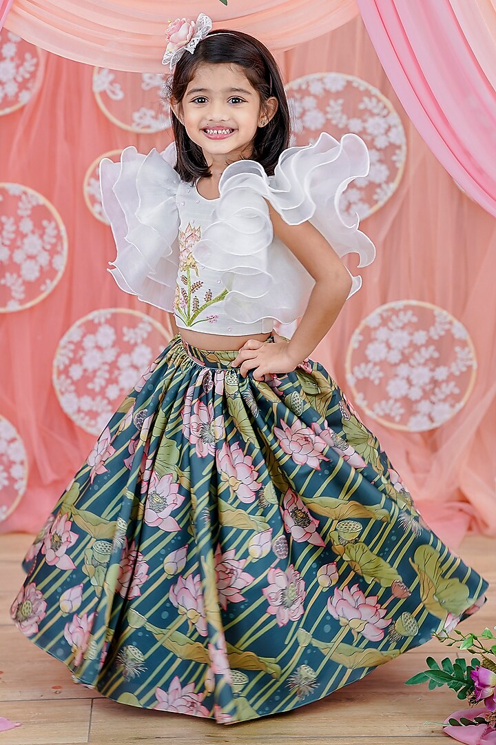 Sea Green Taffeta & Viscose Slub Printed Umbrella Skirt Set For Girls by Li & Li Boutique at Pernia's Pop Up Shop