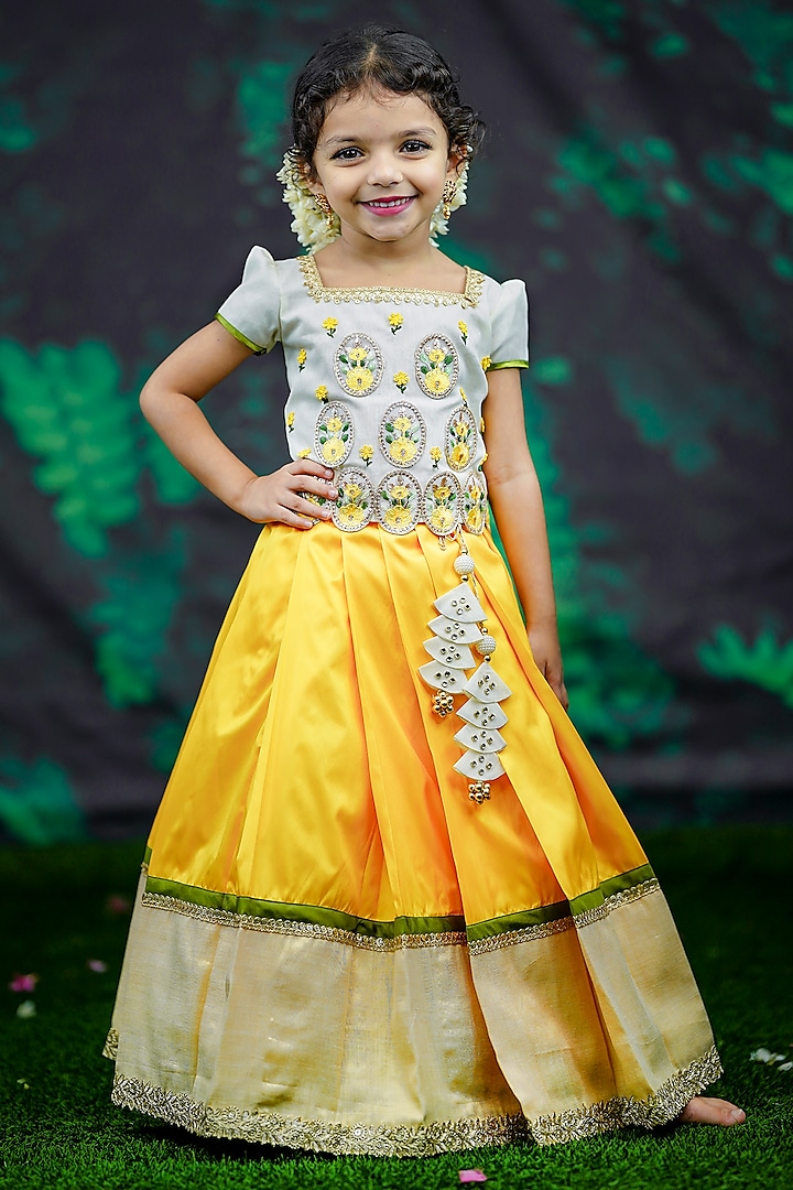 Yellow Taffeta Silk & Tissue Skirt Set For Girls by Li & Li Boutique at Pernia's Pop Up Shop