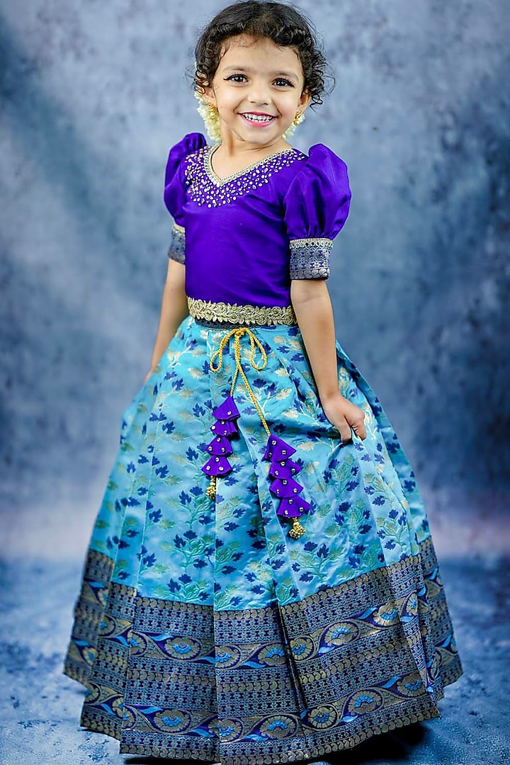 Sky Blue Brocade Pleated Skirt Set For Girls by Li & Li Boutique at Pernia's Pop Up Shop