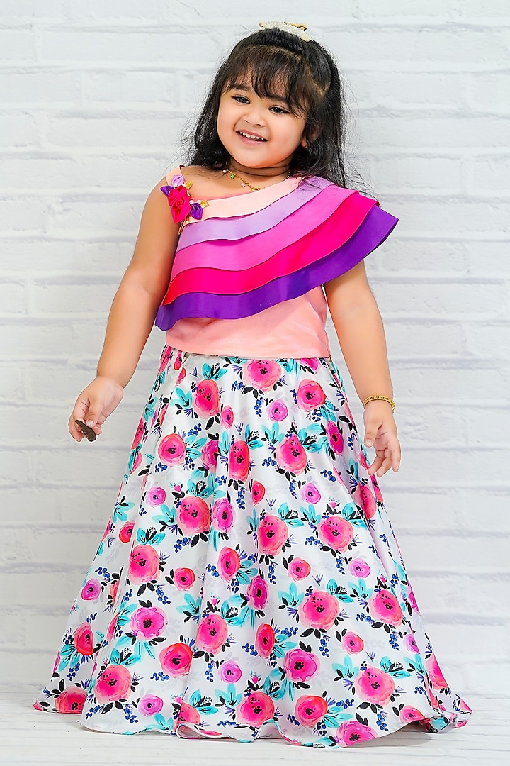 Pink Taffeta Silk & Satin Printed Skirt Set For Girls by Li & Li Boutique at Pernia's Pop Up Shop