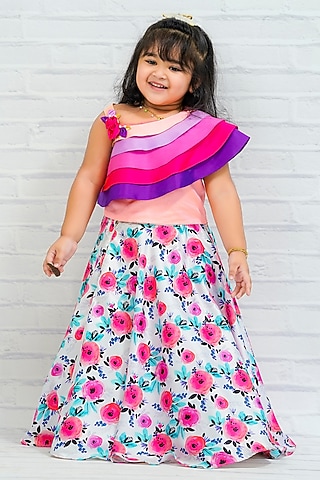 Pink Taffeta Silk & Satin Printed Skirt Set For Girls by Li & Li Boutique