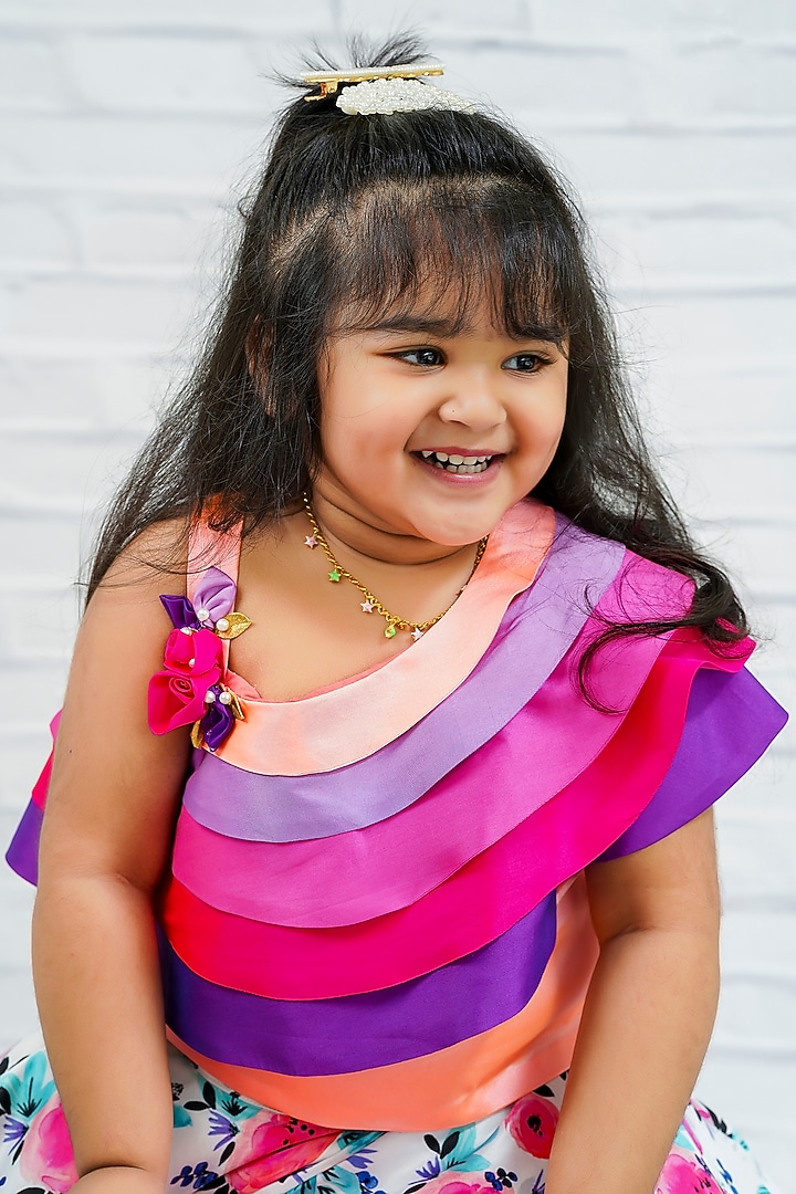 Pink Taffeta Silk & Satin Printed Skirt Set For Girls by Li & Li Boutique at Pernia's Pop Up Shop