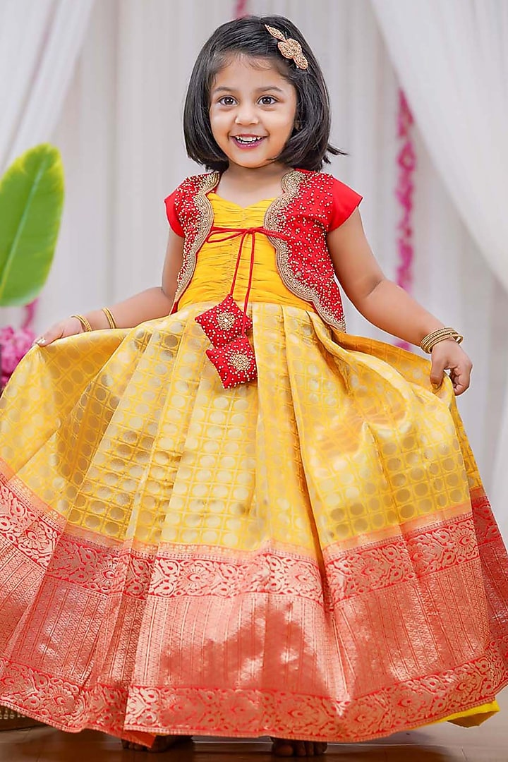 Red & Yellow Brocade Pleated Jacket Gown For Girls by Li & Li Boutique at Pernia's Pop Up Shop