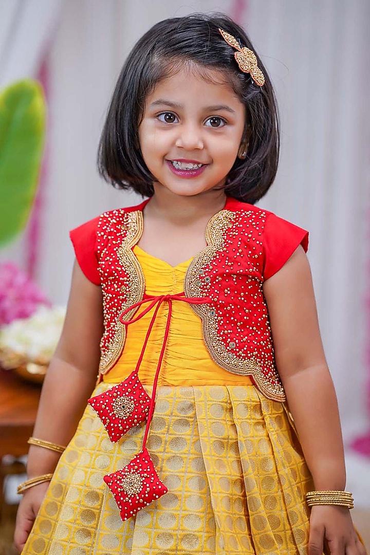 Red & Yellow Brocade Pleated Jacket Gown For Girls by Li & Li Boutique at Pernia's Pop Up Shop