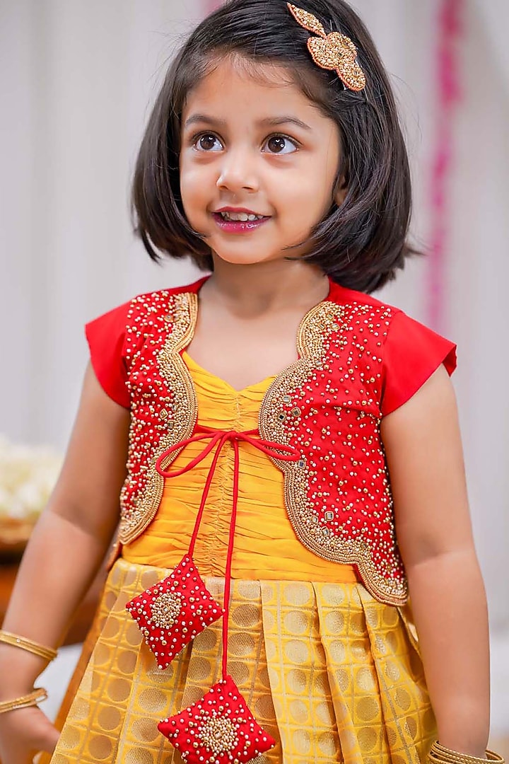 Red & Yellow Brocade Pleated Jacket Gown For Girls by Li & Li Boutique at Pernia's Pop Up Shop