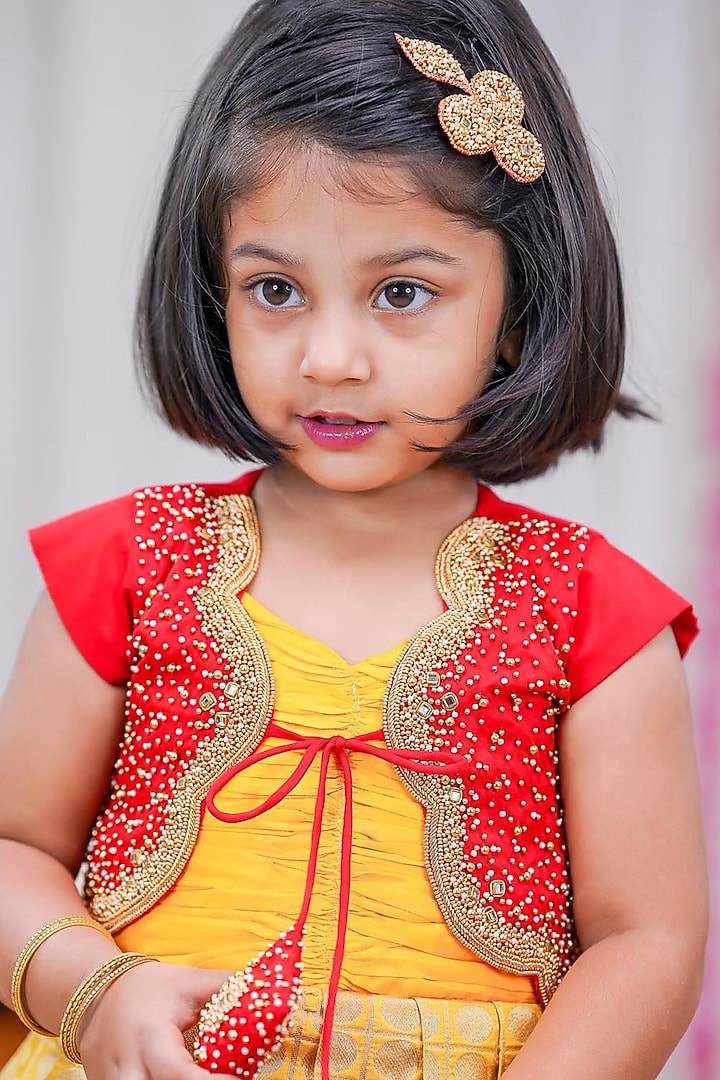 Red & Yellow Brocade Pleated Jacket Gown For Girls by Li & Li Boutique at Pernia's Pop Up Shop