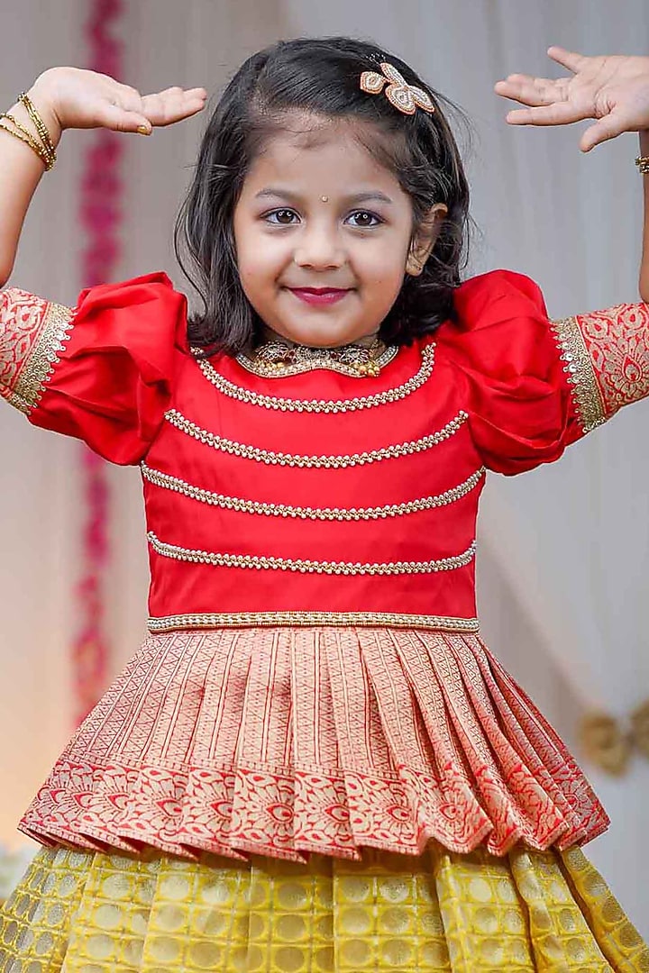Yellow Taffeta Silk Skirt Set For Girls by Li & Li Boutique at Pernia's Pop Up Shop