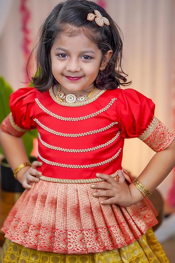 Yellow Taffeta Silk Skirt Set For Girls by Li & Li Boutique at Pernia's Pop Up Shop