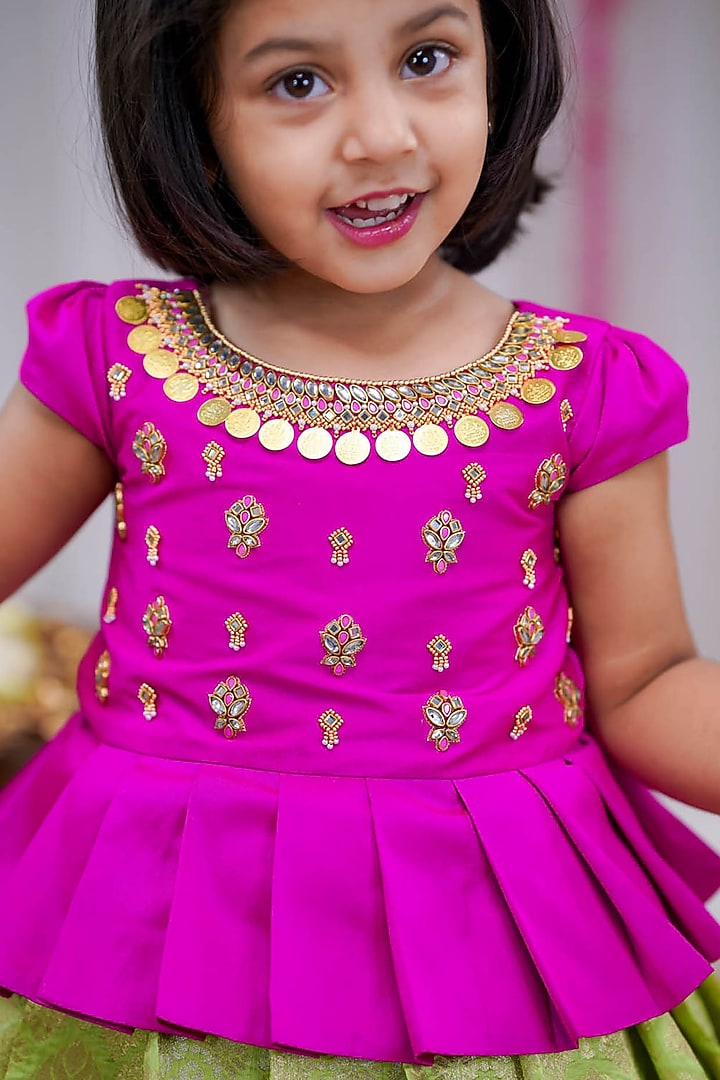 Light Parrot Green Taffeta Silk Skirt Set For Girls by Li & Li Boutique at Pernia's Pop Up Shop