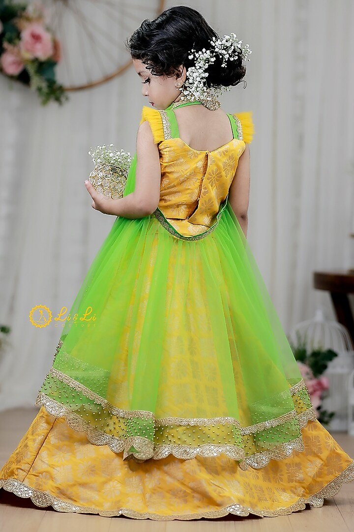 Yellow Brocade Skirt Set For Girls by Li & Li Boutique at Pernia's Pop Up Shop