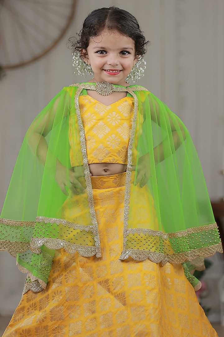 Yellow Brocade Skirt Set For Girls by Li & Li Boutique at Pernia's Pop Up Shop