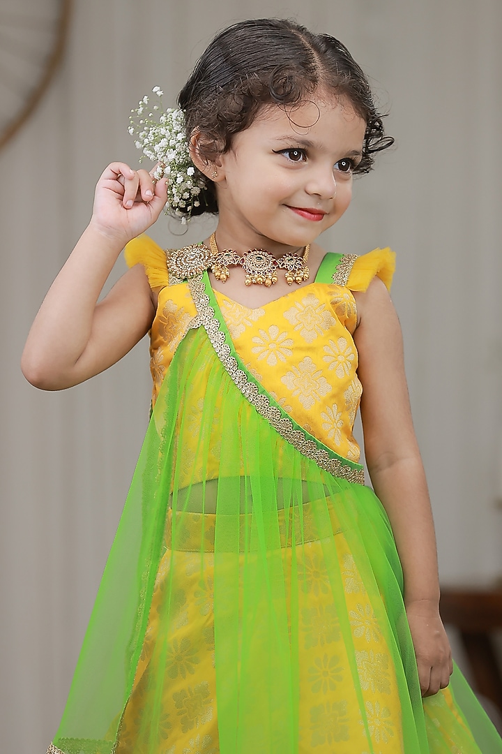 Yellow Brocade Skirt Set For Girls by Li & Li Boutique at Pernia's Pop Up Shop
