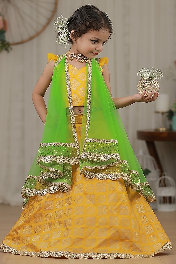 Yellow Brocade Skirt Set For Girls by Li & Li Boutique at Pernia's Pop Up Shop