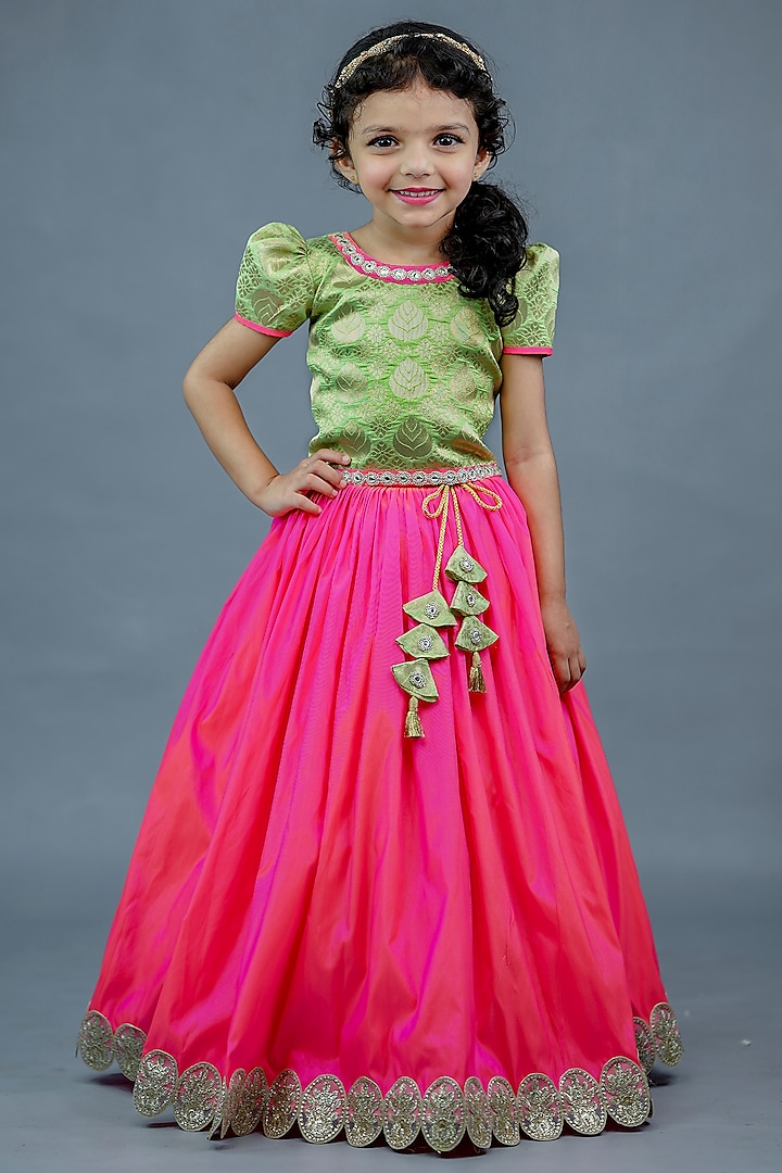 Pink Taffeta Silk Skirt Set For Girls by Li & Li Boutique at Pernia's Pop Up Shop