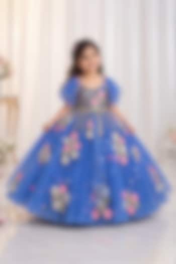 Denim Blue Net Pearl Embroidered Gown For Girls by Li & Li Boutique at Pernia's Pop Up Shop