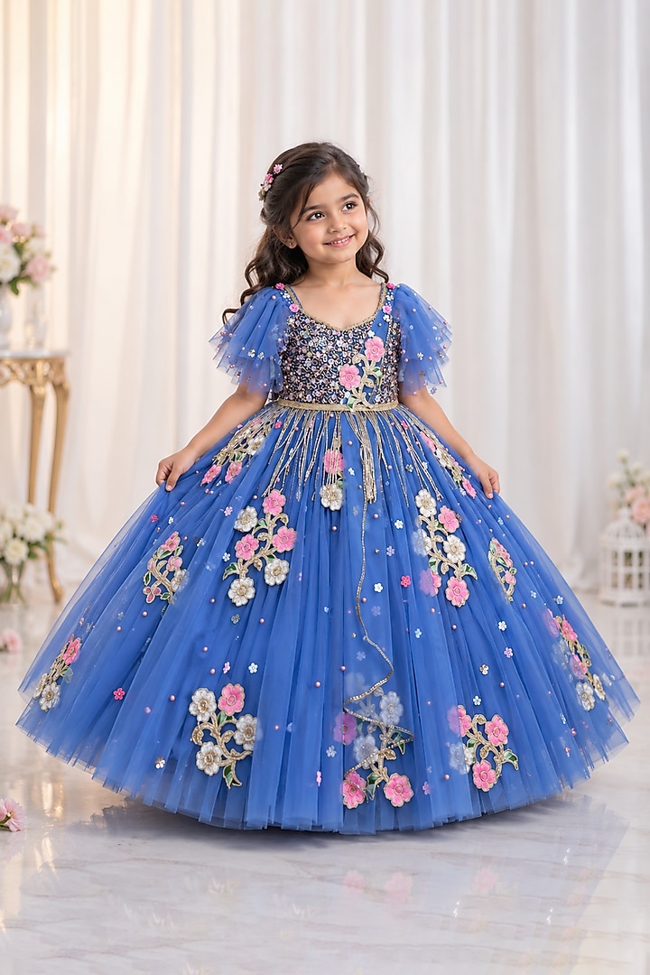 Denim Blue Net Pearl Embroidered Gown For Girls by Li & Li Boutique at Pernia's Pop Up Shop
