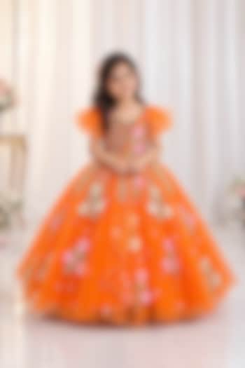 Orange Net Pearl Embroidered Gown For Girls by Li & Li Boutique at Pernia's Pop Up Shop