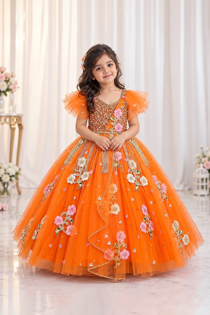Orange Net Pearl Embroidered Gown For Girls by Li & Li Boutique at Pernia's Pop Up Shop