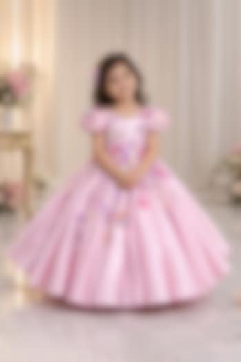 Pastel Pink Satin 3D Floral Embroidered Gown For Girls by Li & Li Boutique at Pernia's Pop Up Shop