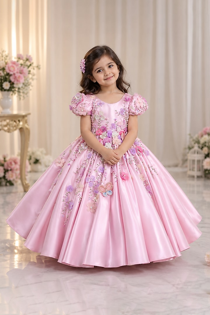 Pastel Pink Satin 3D Floral Embroidered Gown For Girls by Li & Li Boutique at Pernia's Pop Up Shop