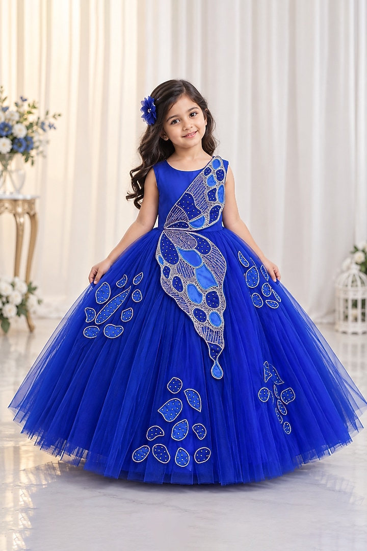Royal Blue Net & Satin Butterfly Gown For Girls by Li & Li Boutique at Pernia's Pop Up Shop