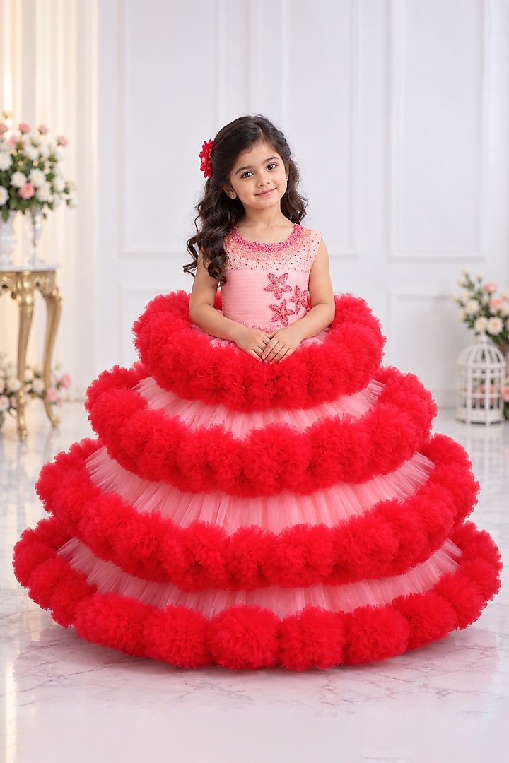 Coral Pink Net Floral Hand Embroidered Gown For Girls by Li & Li Boutique at Pernia's Pop Up Shop