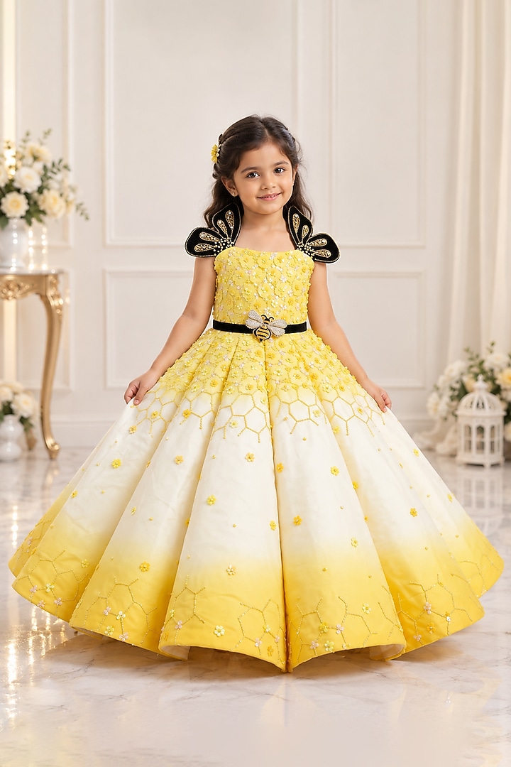 Honey Yellow & Ivory Ombre Organza Hand Work Gown For Girls by Li & Li Boutique at Pernia's Pop Up Shop
