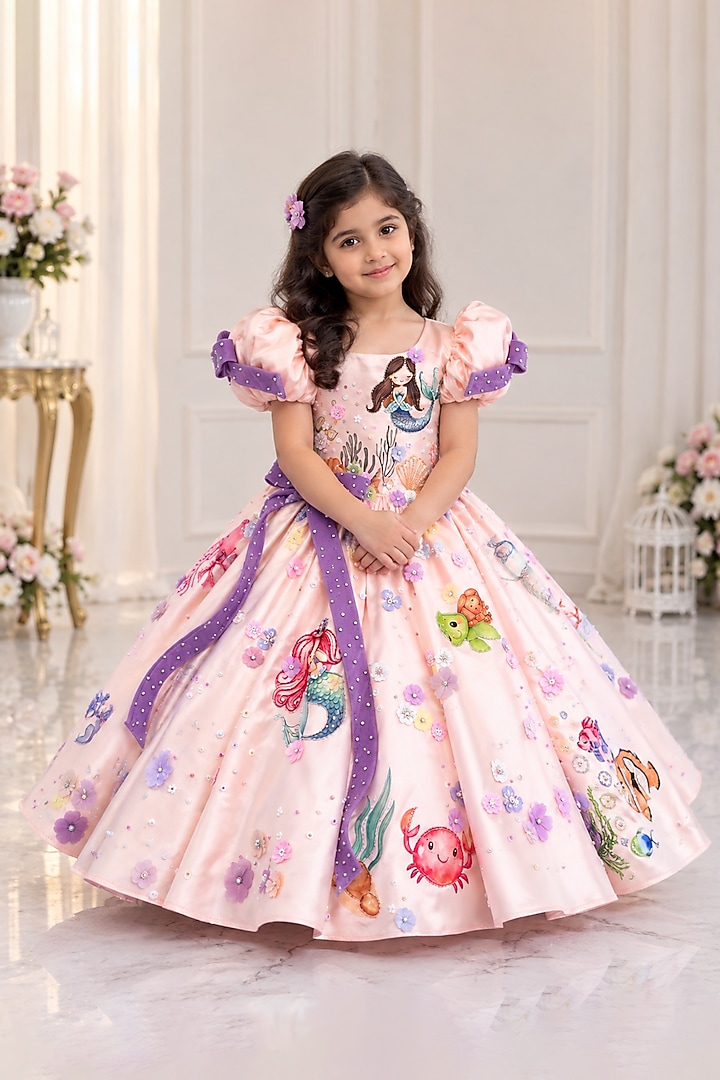 Peach Satin Floral Applique Embroidered Mermaid Gown For Girls by Li & Li Boutique at Pernia's Pop Up Shop