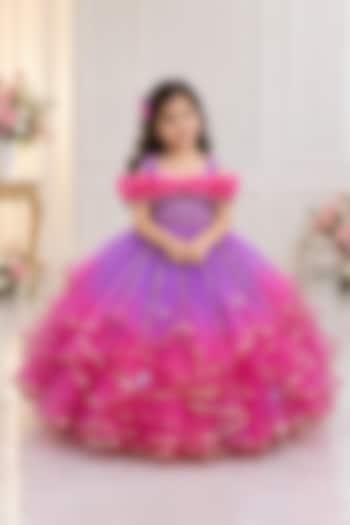 Dark Pink & Lavender Net Sequin Embroidered Ruffled Gown For Girls by Li & Li Boutique at Pernia's Pop Up Shop