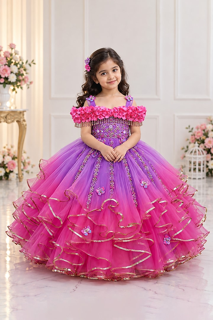 Dark Pink & Lavender Net Sequin Embroidered Ruffled Gown For Girls by Li & Li Boutique at Pernia's Pop Up Shop